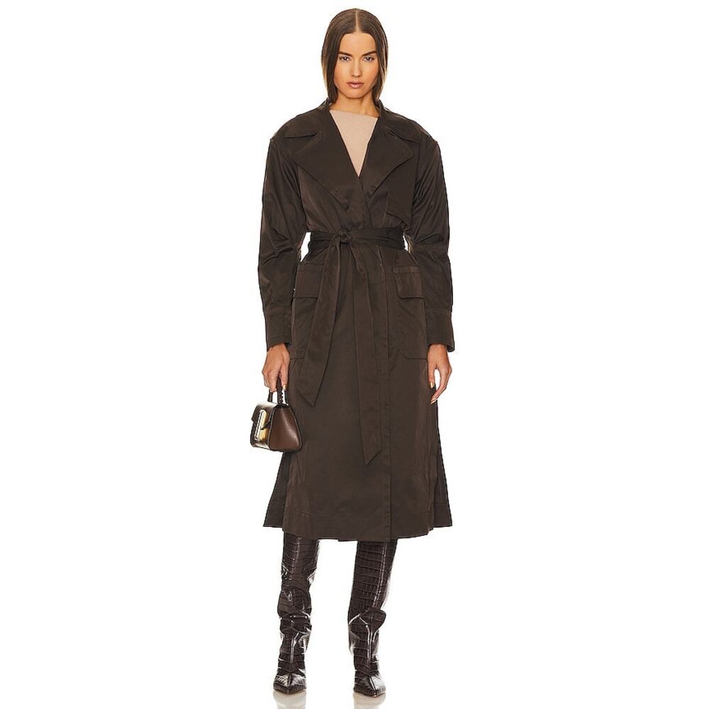 New Equipment Femme Oliver Trench Coat Brown Pocket Belted Long Sleeve Sz 2XS